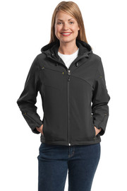 Port Authority® Women's Textured Hooded Soft Shell Jacket model front