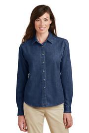 Port & Company® Women's Long Sleeve Value Denim Shirt model front