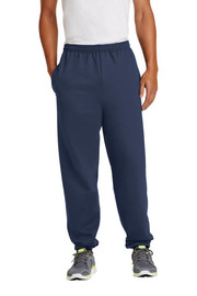Front view of fleece sweatpants with elastic waistband, drawcord, side pockets, and elastic cuffs for relaxed comfort.
