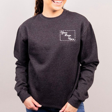 Custom embroidered crewneck with left chest design and unisex sizing.