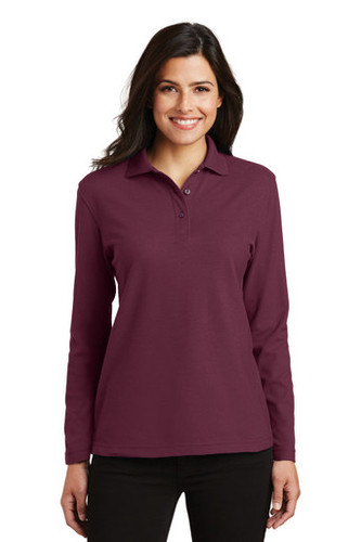 Women's Silk Touch Port Authority Long Sleeve Polo model front view