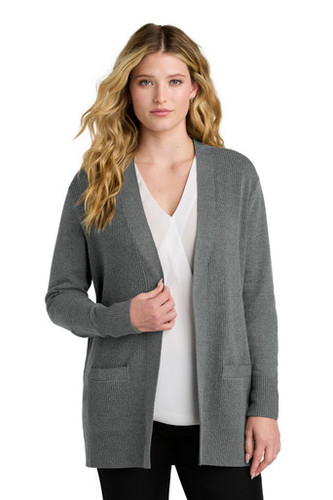Front view of women's open-front cardigan sweater with rib knit lapel, front pockets, and relaxed professional fit.