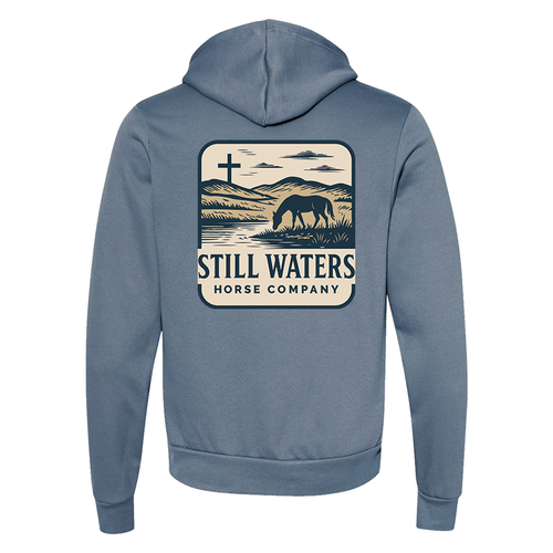 Still Waters Horse Co Black Hoodie Steel Blue Logo