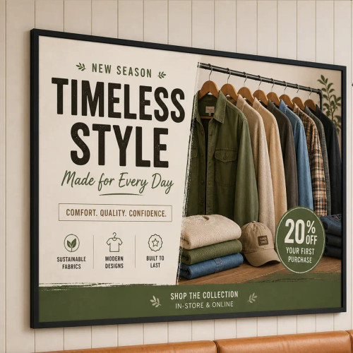 The poster features a clothing advertisement with neatly arranged shirts and jackets on a rack, earthy green and beige tones