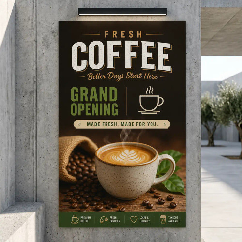 A modern outdoor poster mounted on a concrete wall under a sleek light fixture, featuring a warm-toned coffee advertisement