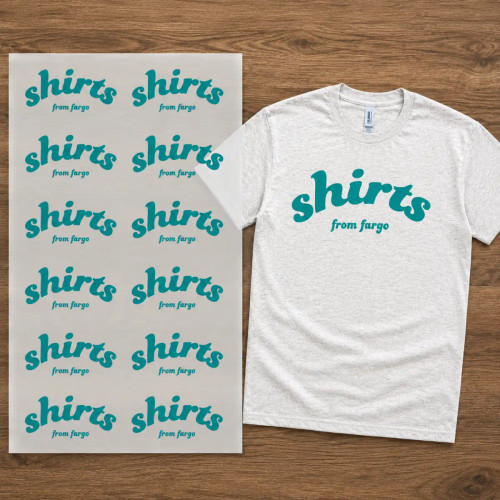 DTF gang sheet transfer mockup featuring repeating “shirts from fargo” logo transfers on a transparent sheet beside a white t-shirt with matching teal logo print.