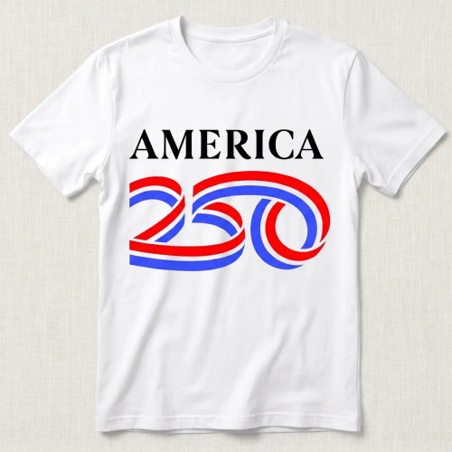 White t-shirt featuring “America 250” patriotic design in red, white, and blue celebrating the United States 250th anniversary.