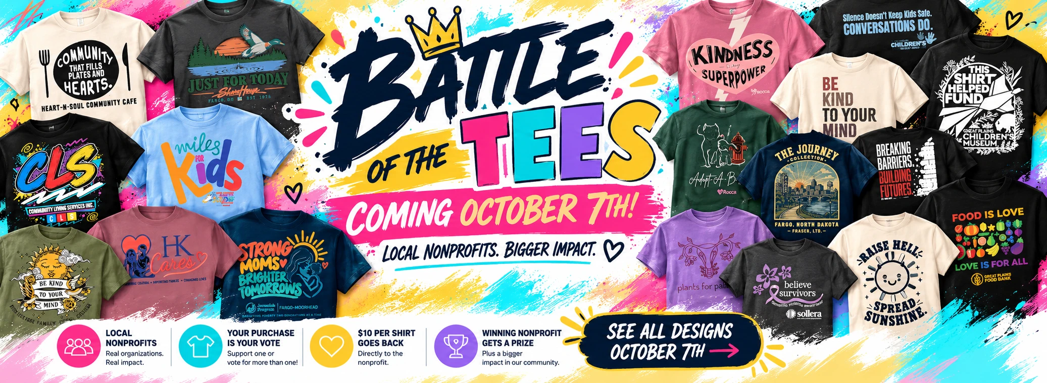 Battle of the Tees launches October 7th, featuring custom shirt designs supporting local nonprofits. Each purchase counts as a vote, $10 from every shirt goes to the nonprofit, and the winning organization receives additional prize money.