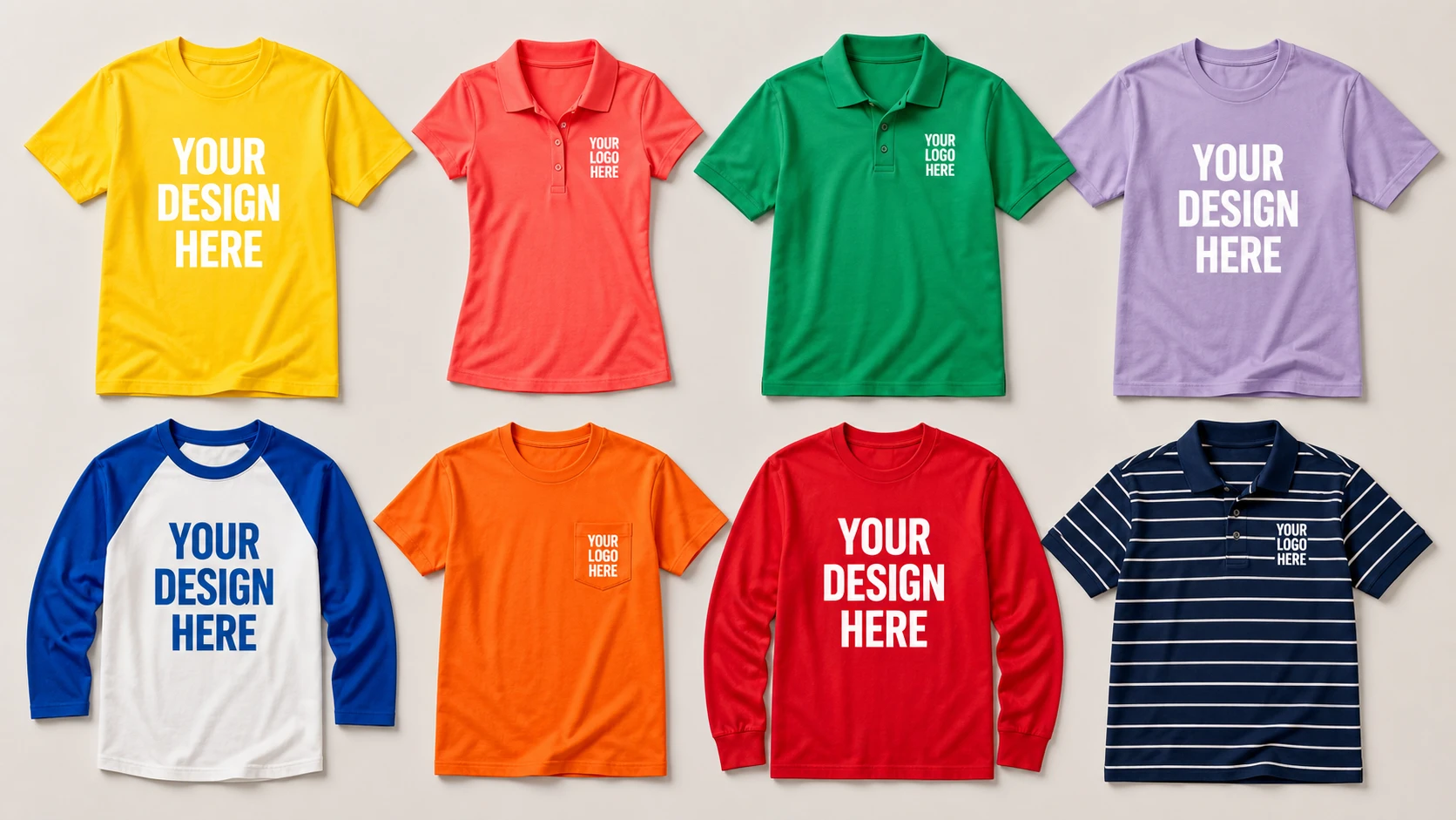 Colorful custom printed T-shirts, polos, raglan shirts, long-sleeve shirts, and striped polos