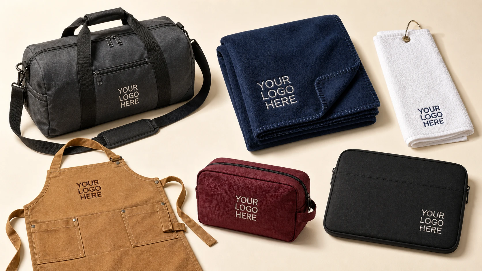 Custom embroidered duffel bags, fleece blankets, golf towels, aprons, accessory pouches, and laptop sleeves