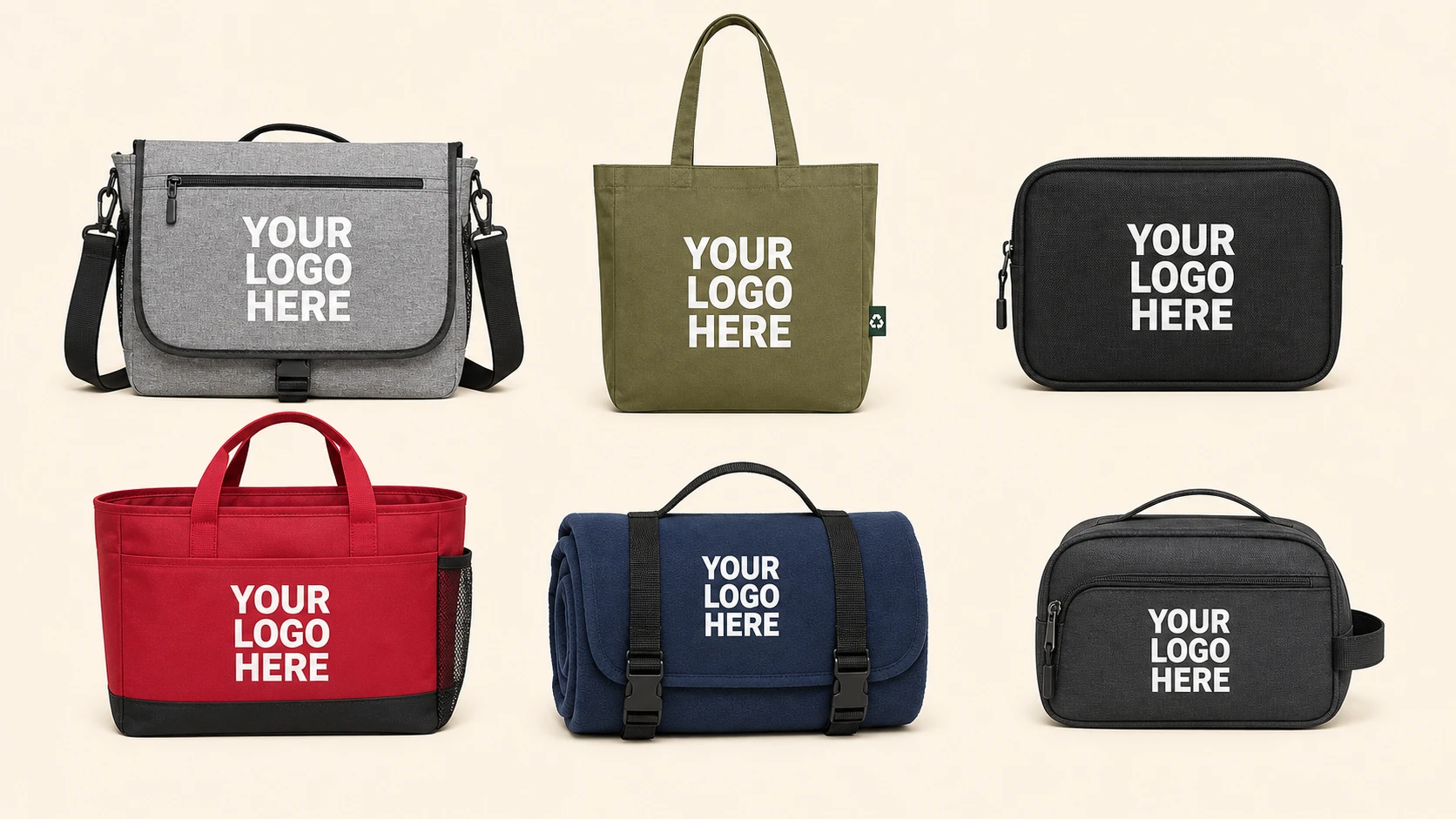 Custom printed messenger bags, tote bags, accessory pouches, stadium totes, blankets, and travel bags with logo placement examples.