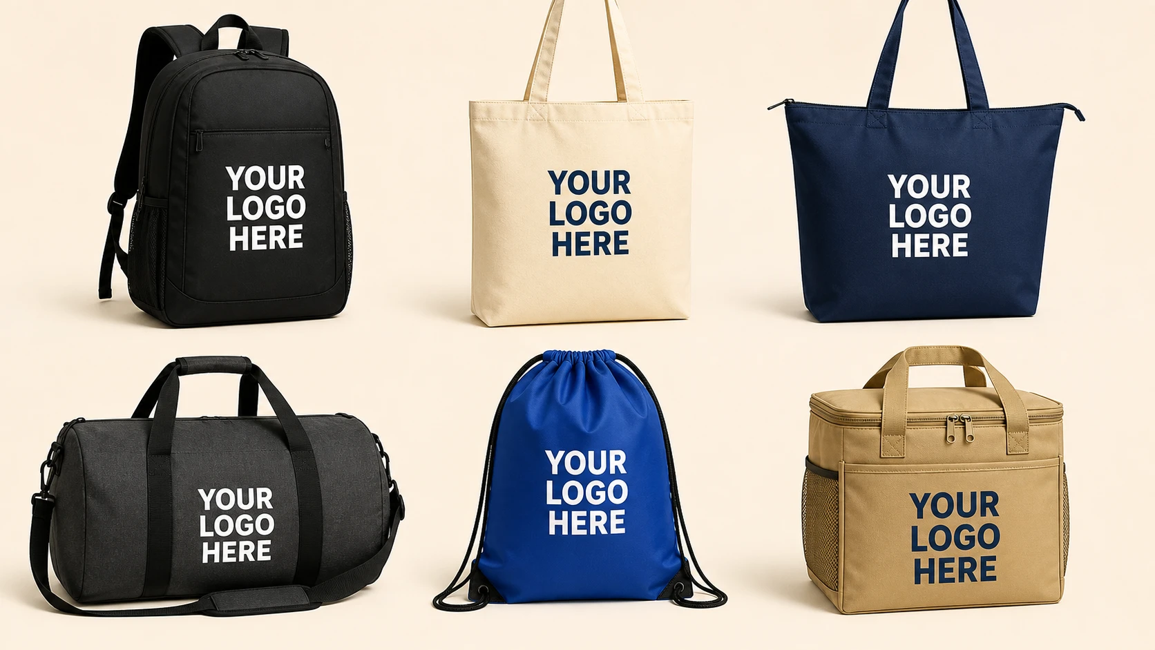 Custom printed backpacks, tote bags, duffel bags, drawstring bags, and cooler totes with logo placement examples