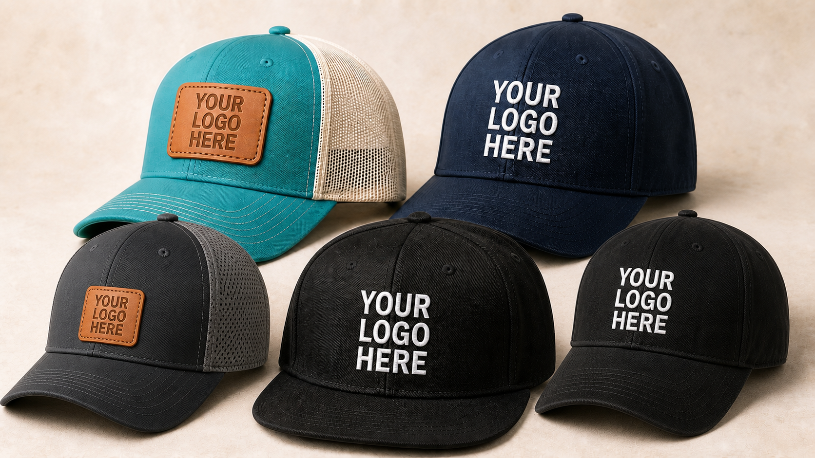 Custom embroidered hats and leather patch hats with logo placement examples