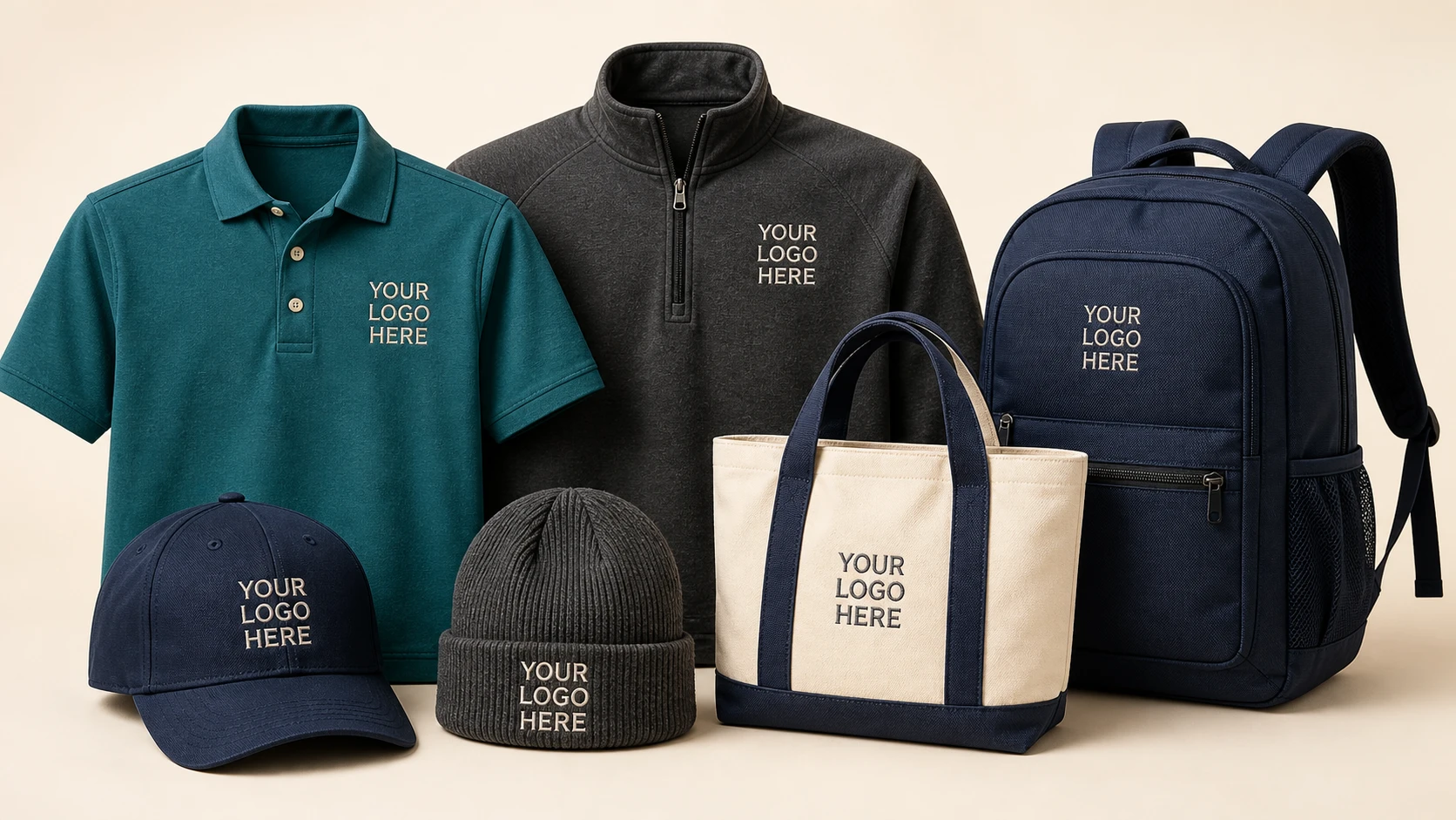 Custom embroidered shirts, outerwear, hats, beanies, backpacks and totes with logo placement examples