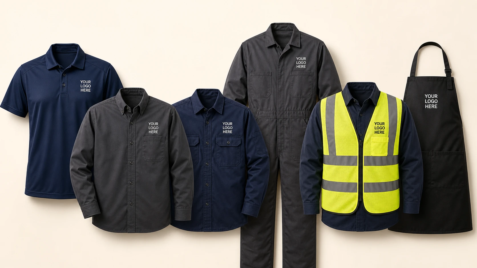 Custom embroidered workwear and uniforms including polos, button-down work shirts, coveralls, safety vests, and aprons