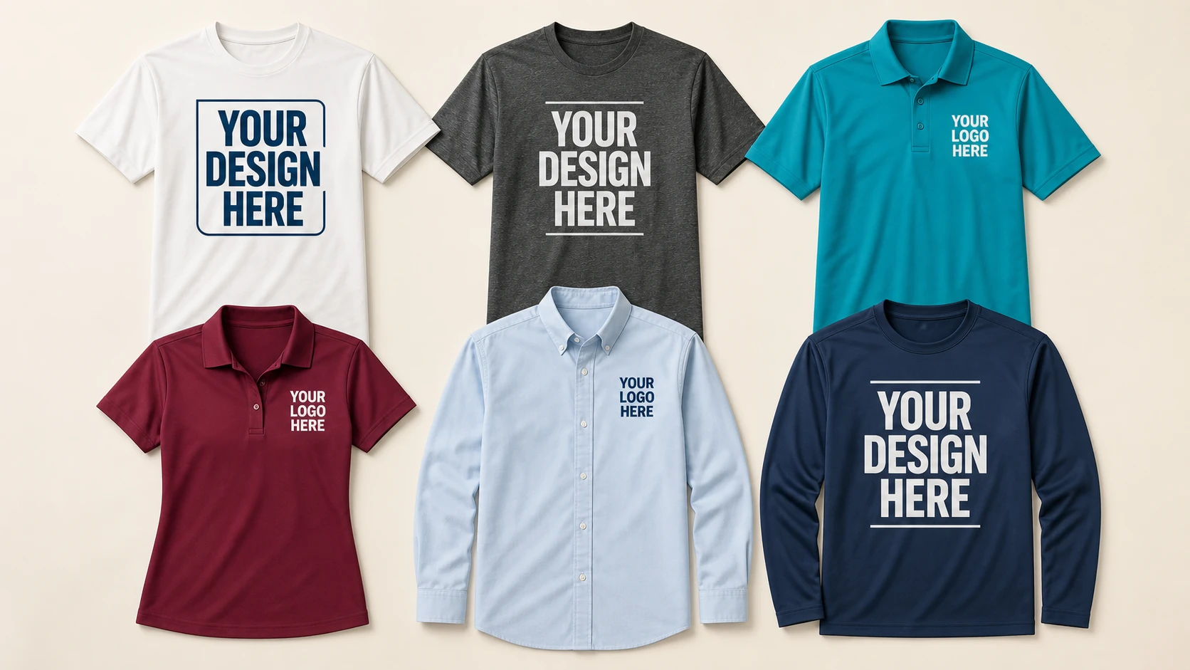 Custom printed T-shirts, polos, button-down shirts, and long-sleeve performance shirts