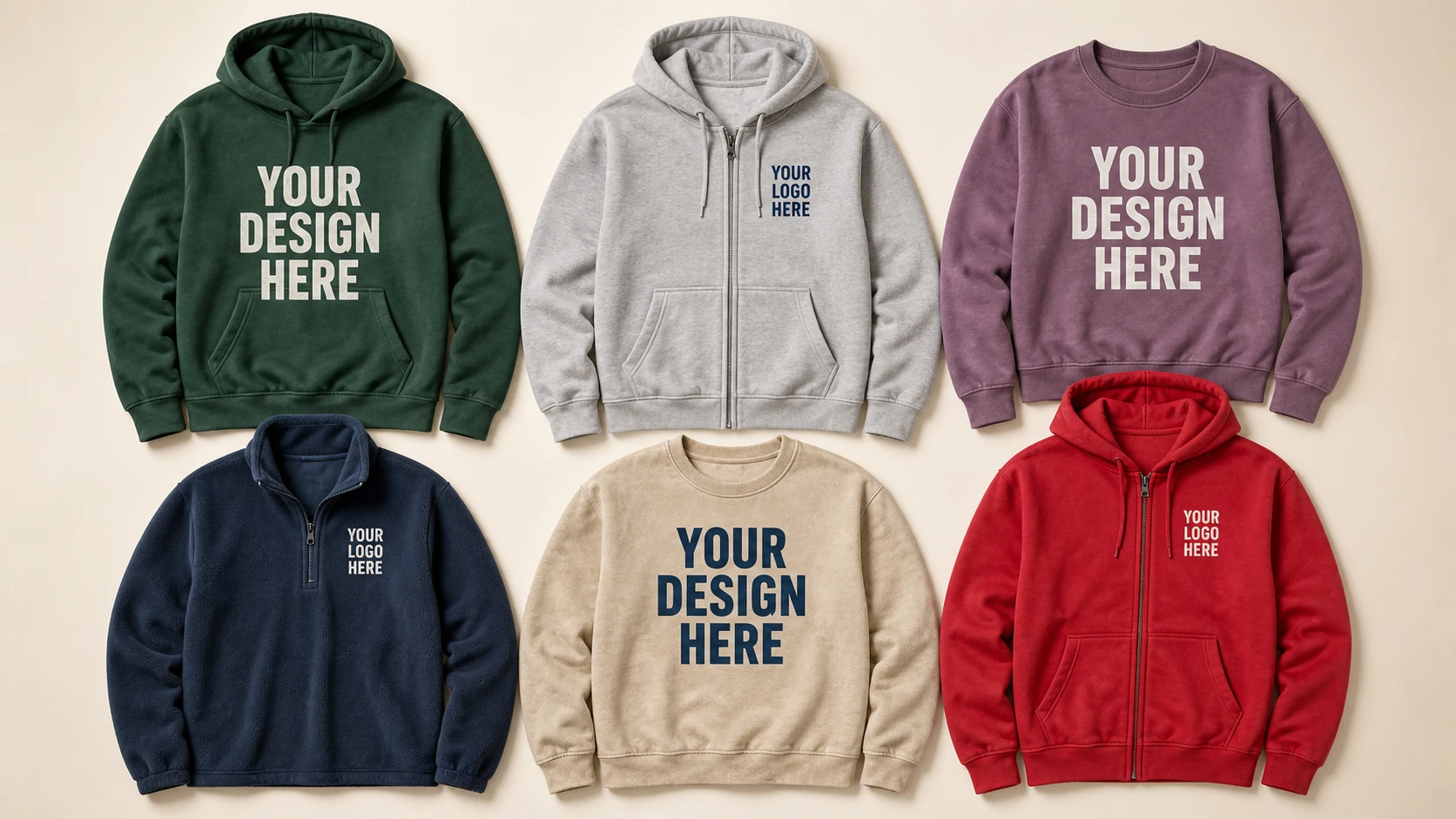 Custom printed hoodies, zip-up hoodies, crewneck sweatshirts, quarter-zip fleece, and pigment-dyed sweatshirts
