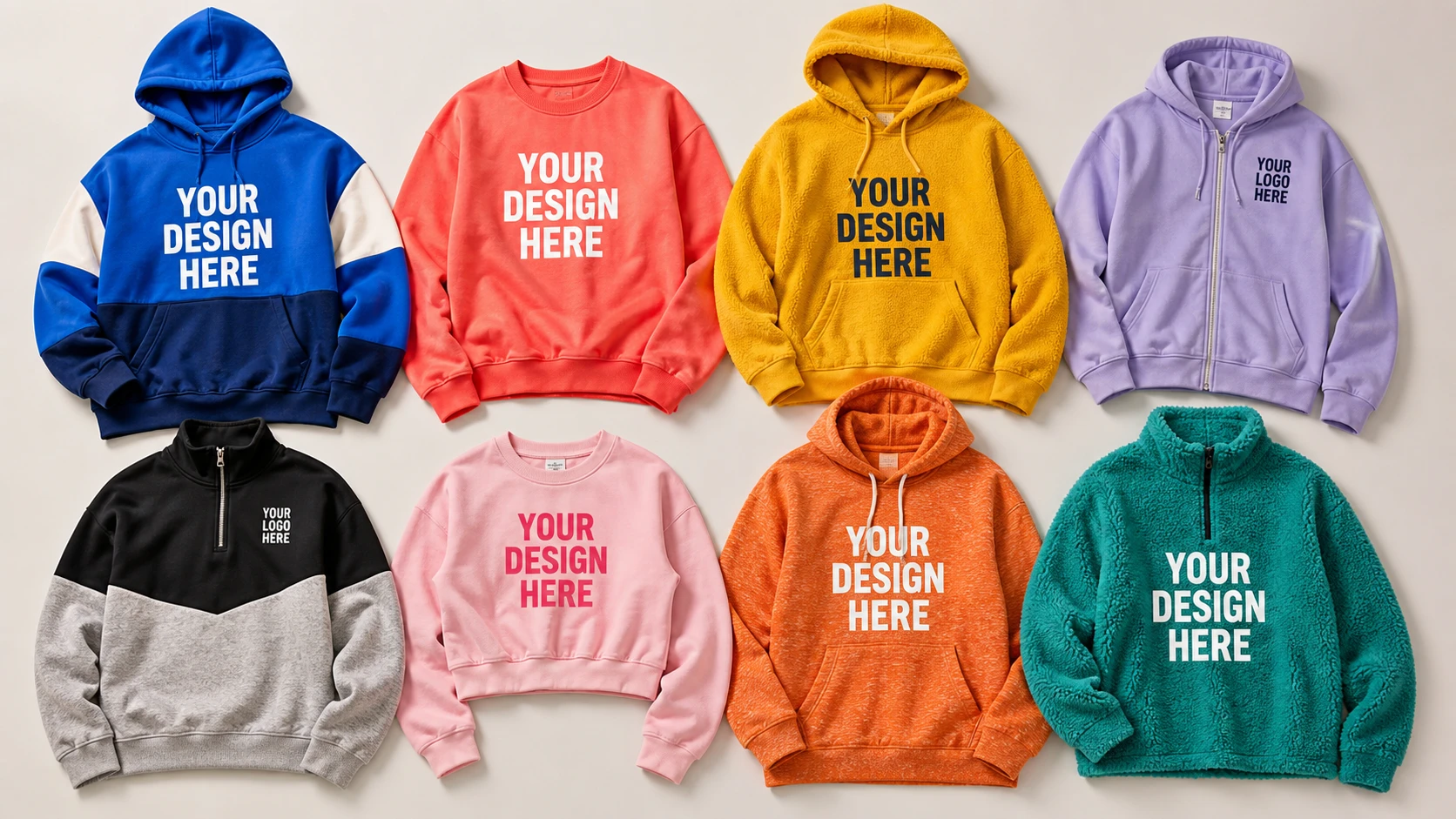 Colorful custom printed hoodies, crewneck sweatshirts, quarter-zips, full-zip hoodies, and fleece pullovers