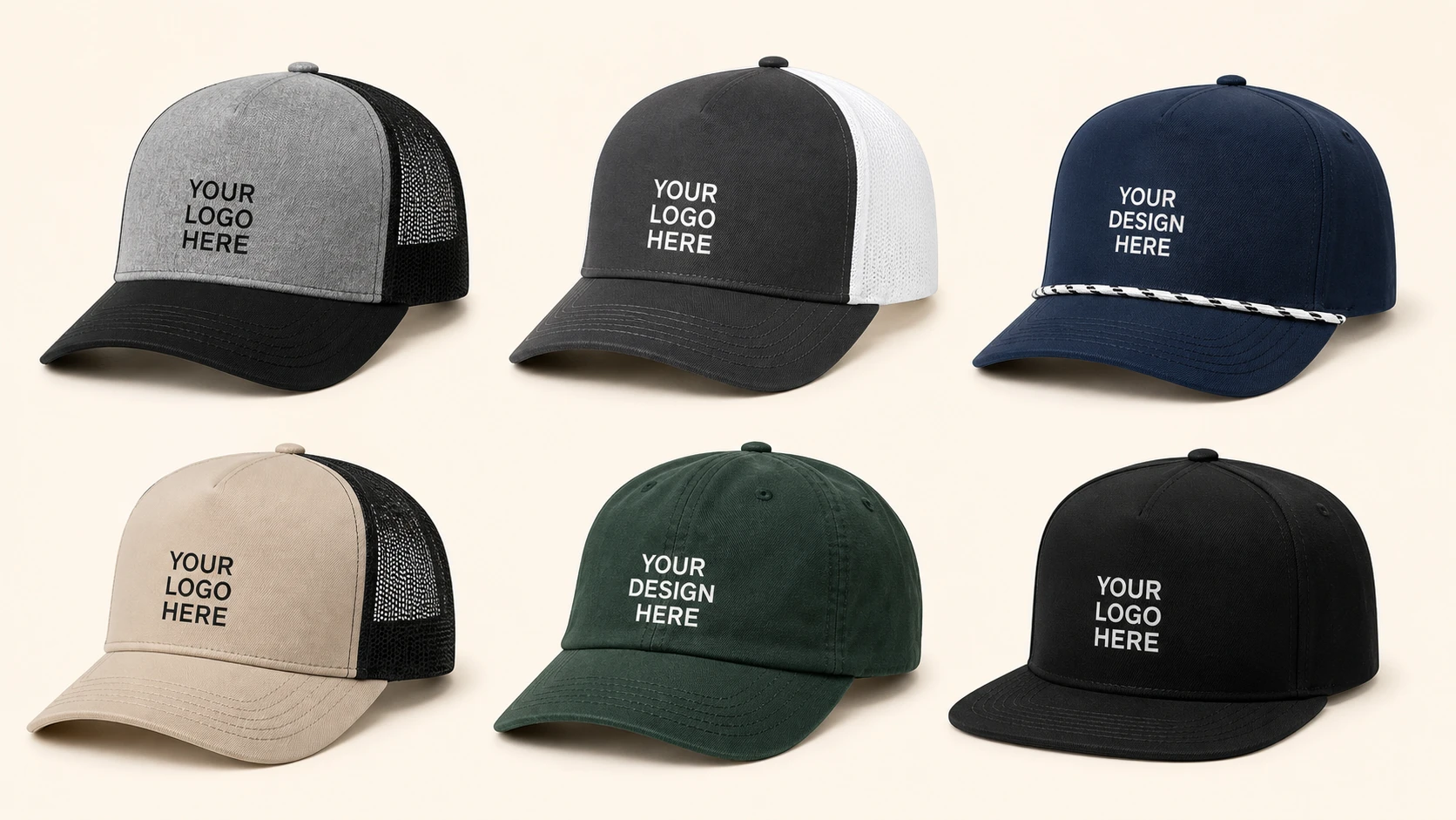 Custom printed five-panel trucker hats and premium mesh-back caps with logo placement examples.