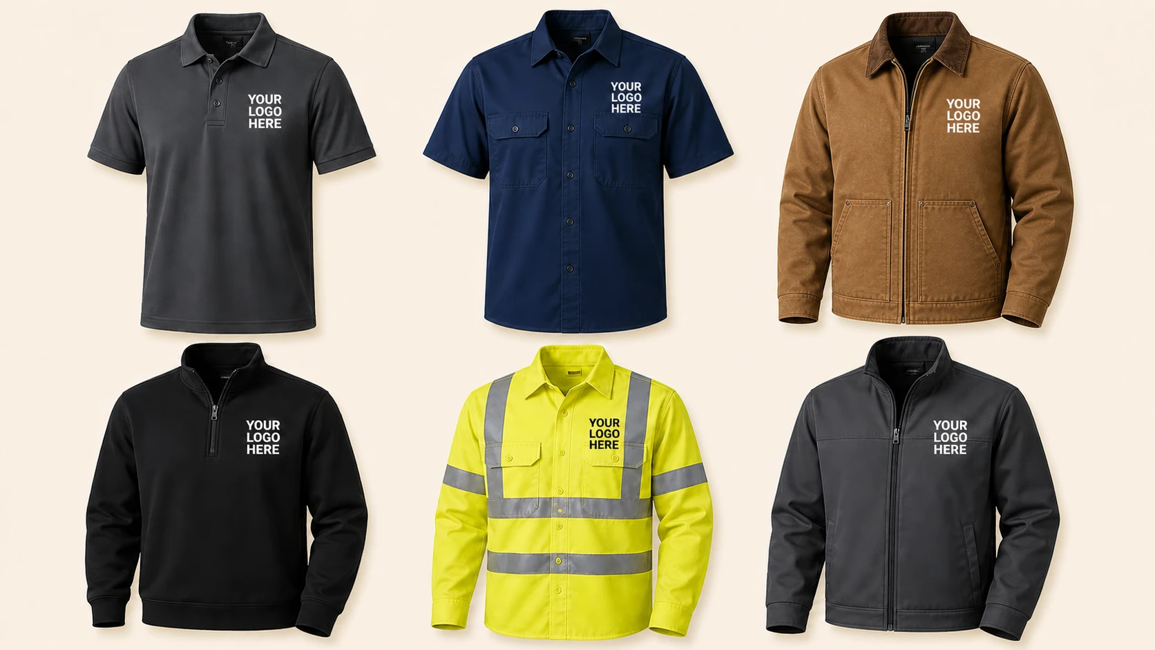 Custom printed uniforms including medical scrubs, aprons, button-down shirts, hoodies, utility vests, and polos.