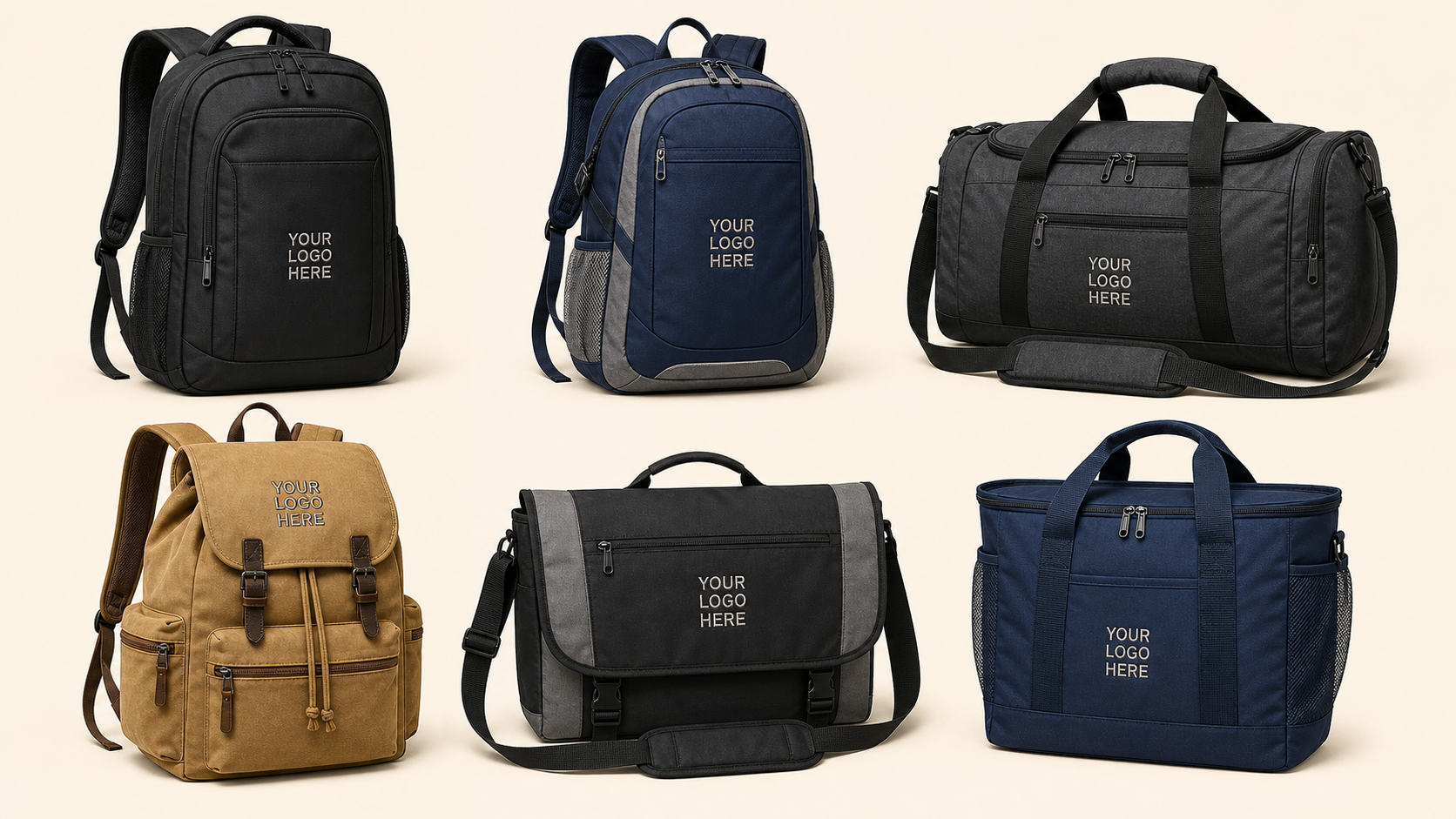 Custom embroidered backpacks, duffel bags, messenger bags, cooler totes, and canvas bags with stitched logo placement examples.