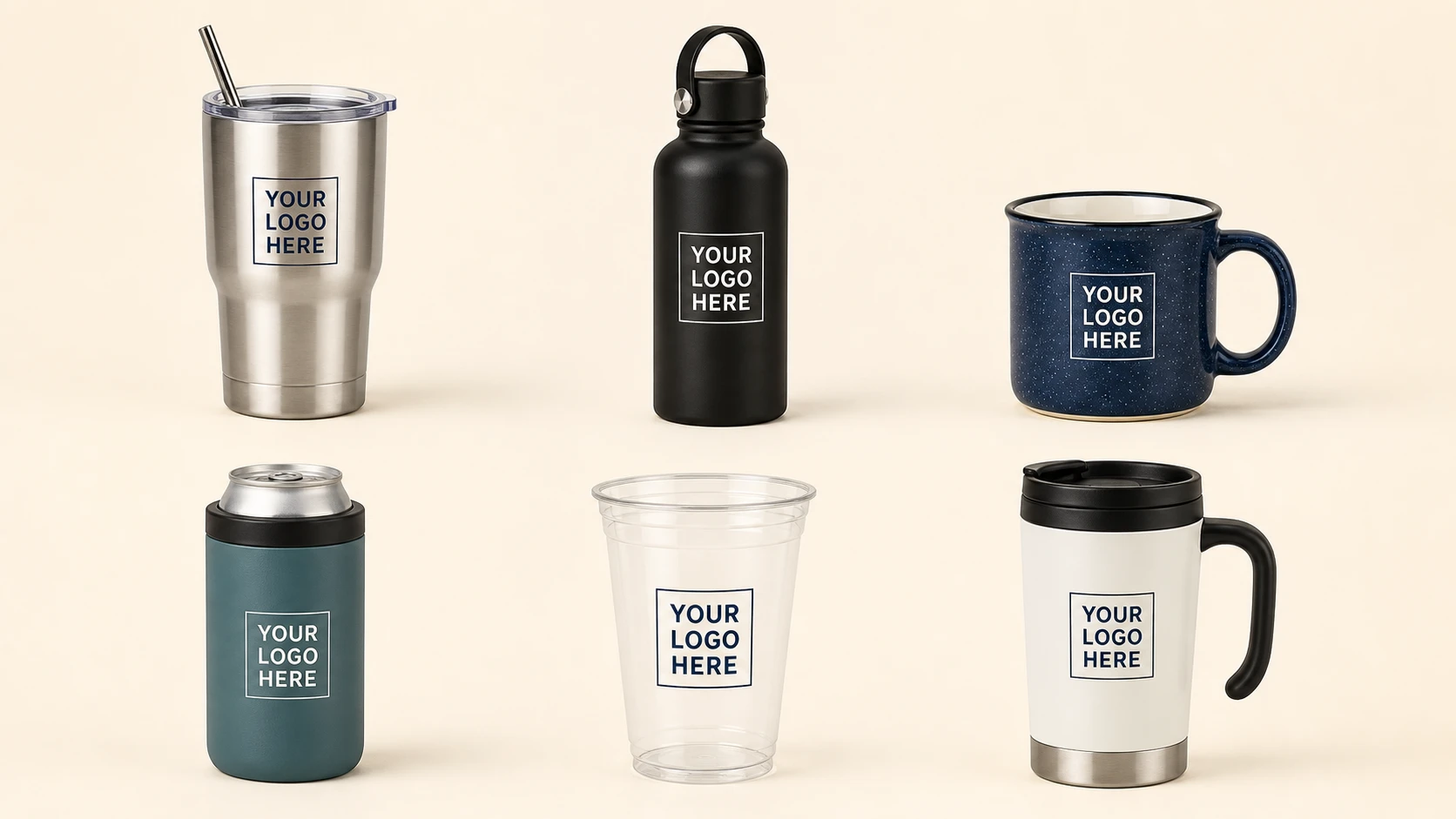 Custom promotional drinkware including tumblers, water bottles, mugs, can coolers, stadium cups, and travel mugs