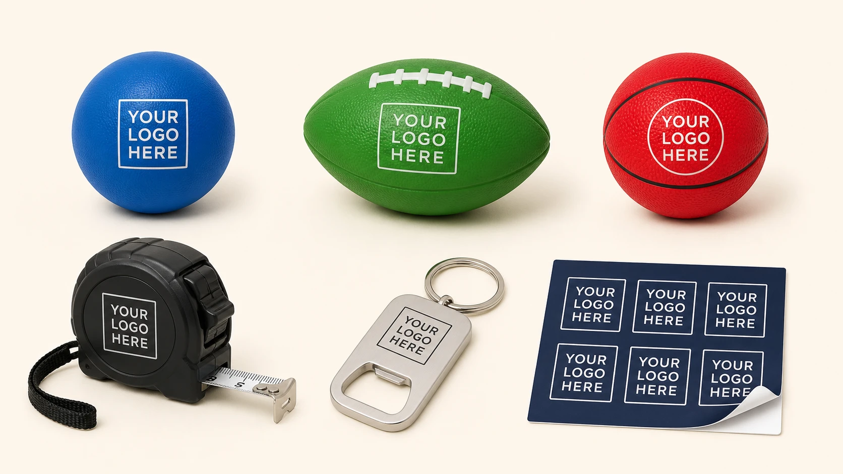 Custom event giveaways including golf towels, golf balls, sunglasses, wristbands, lanyards, and picnic blankets.