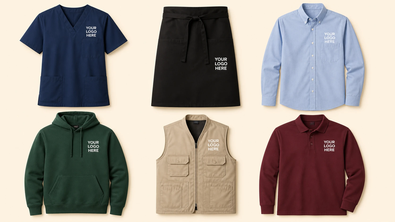Custom printed workwear including polos, work shirts, quarter-zips, safety shirts, rugged canvas work jackets, and soft-shell jackets.
