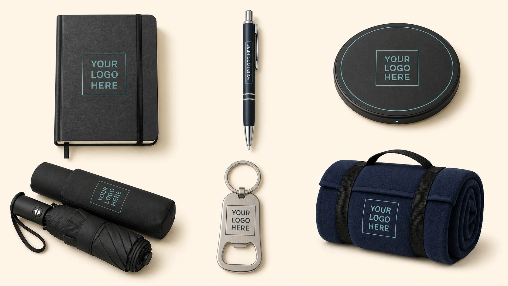 Custom promotional giveaways including stress balls, football and basketball squeezies, tape measures, bottle opener keychains, and logo stickers.