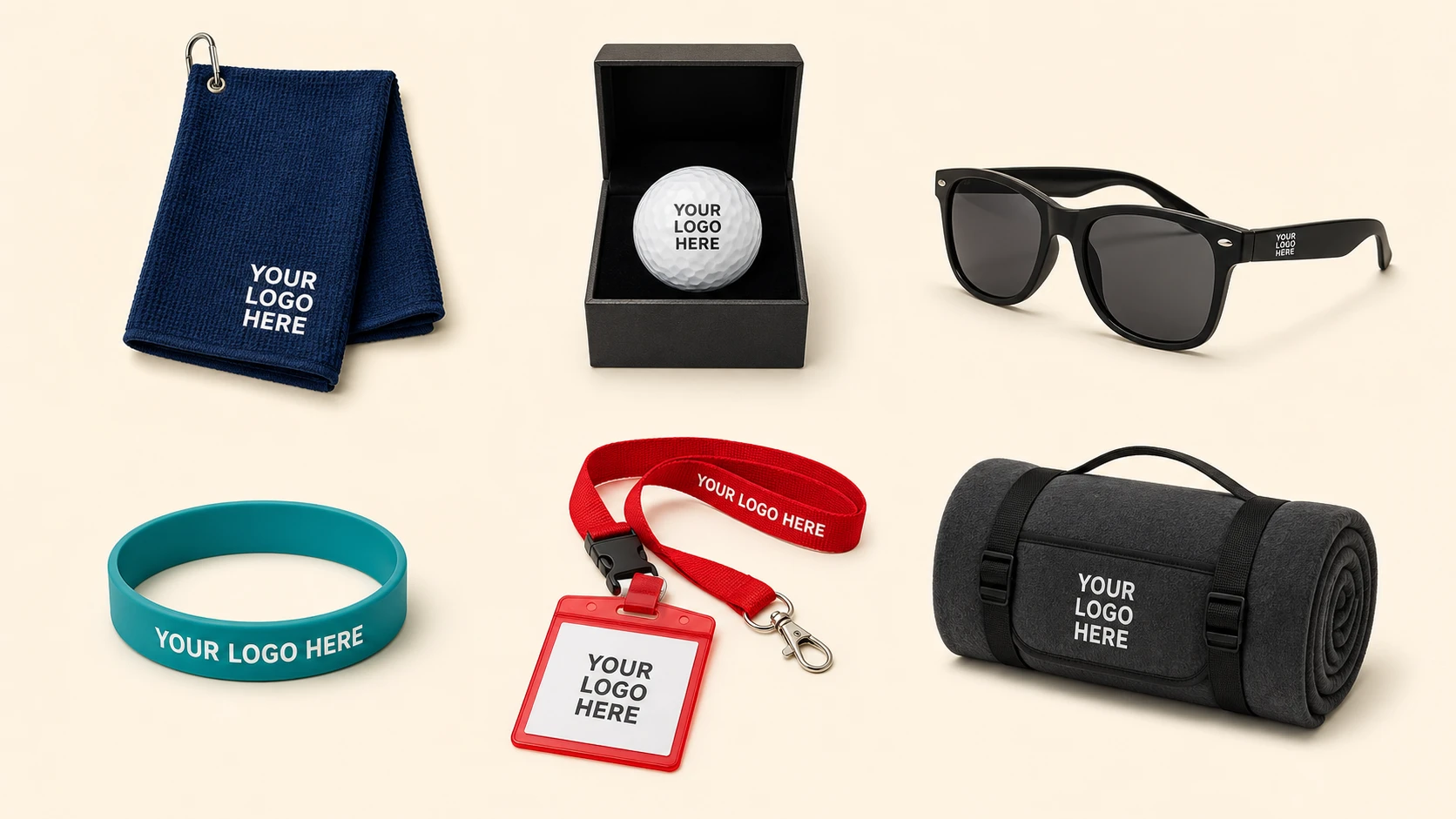 Custom branded notebooks, pens, charging pads, umbrellas, keychains, and fleece blankets