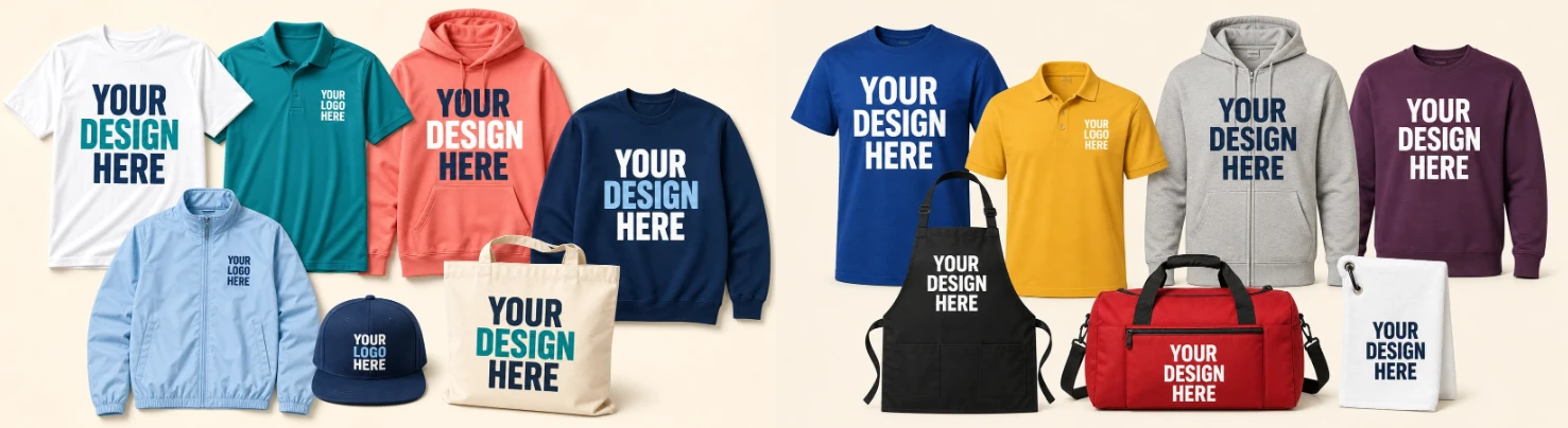 Custom printed t-shirts, hoodies, outerwear, hats, and accessories