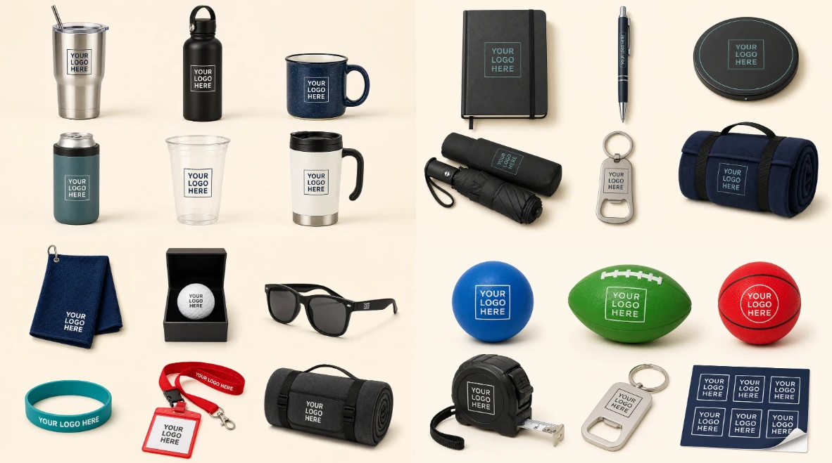 Custom promotional products, drinkware, bags, and accessories