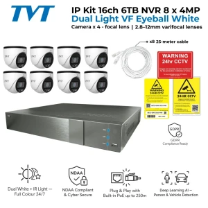 TVT CCTV Kit — 16 Channel 6TB NVR with 8 x 4MP Dual Light VF Eyeball Cameras
