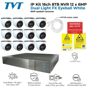 TVT CCTV Kit — 16 Channel 8TB NVR with 12 x 6MP Dual Light 3.6mm Eyeball Cameras
