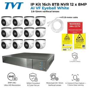 TVT CCTV Kit — 16 Channel 8TB NVR with 12 x 8MP AI Face Capture VF Eyeball Cameras