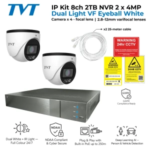 TVT CCTV Kit — 8 Channel 2TB NVR with 2 x 4MP Dual Light VF Eyeball Cameras
