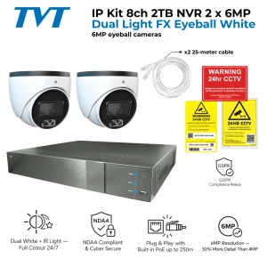 TVT CCTV Kit — 8 Channel 2TB NVR with 2 x 6MP Dual Light 3.6mm Eyeball Cameras