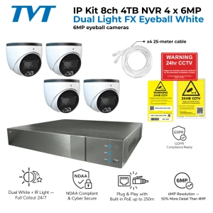 TVT CCTV Kit — 8 Channel 4TB NVR with 4 x 6MP Dual Light 3.6mm Eyeball Cameras