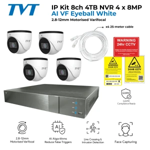 TVT CCTV Kit — 8 Channel 4TB NVR with 4 x 8MP AI Face Capture VF Eyeball Cameras