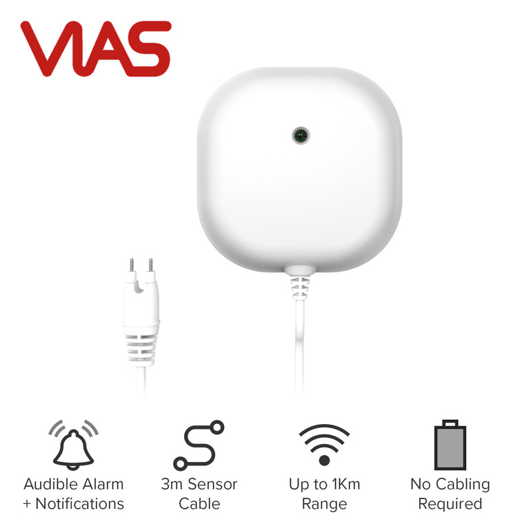 VIAS Flood Detector, 3m Sensor Cable, 60dB Beep, LED Indicators