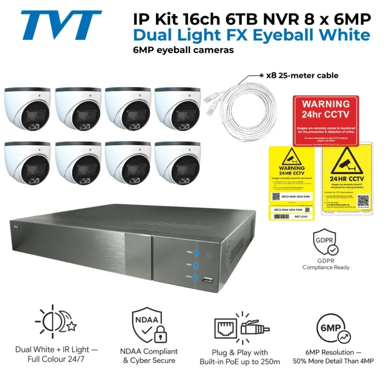 TVT CCTV Kit — 16 Channel 6TB NVR with 8 x 6MP Dual Light 3.6mm Eyeball Cameras