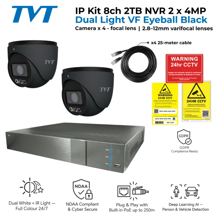 TVT CCTV Kit — 8 Channel 2TB NVR with 2 x 4MP Dual Light VF Eyeball Cameras