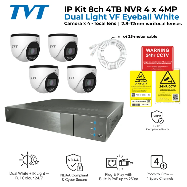 TVT CCTV Kit — 8 Channel 4TB NVR with 4 x 4MP Dual Light VF Eyeball Cameras