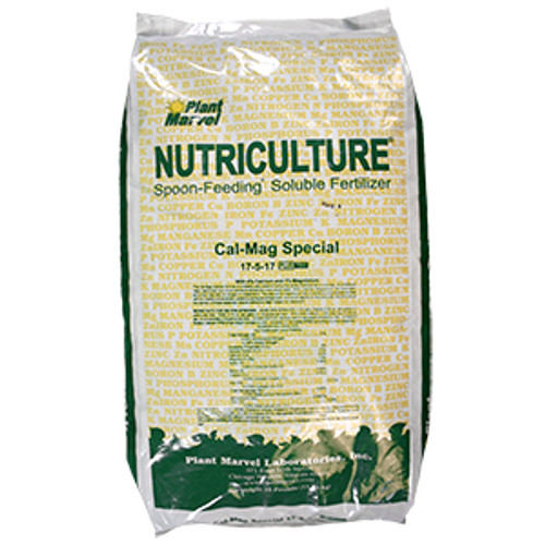 Has 4% Calcium, 1% Magnesium, and all the major and minor nutrients in a highly soluble form. High Nitrate to Ammonia ratio. The ratio of phosphorus to nitrogen is tuned to reduce stretch. 

Plant Marvel fertilizers, manufactured by Plant Marvel Laboratories, are all water soluble and include both major and minor elements. Specific label with instructions on bag.