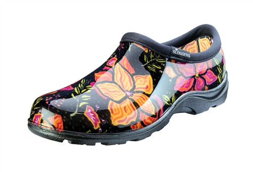 Slip into waterproof comfort with our Spring Surprise Black print rain and garden shoe. Features our "All-Day Comfort" insoles for maximum comfort and our signature deep-lug tread for great traction. Easy on and easy to clean up. You'll soon know why Sloggers are America's #1 Backdoor Shoe.  Note: prints may vary slightly from shoe to shoe.  Women's 6 -11. Proudly Made in the USA.