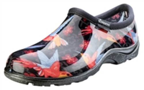 Slip into waterproof comfort with our Hummingbird Black/Red print rain and garden shoe. Features our "All-Day Comfort" insoles for maximum comfort and our signature deep-lug tread for great traction. Easy on and easy to clean up. You'll soon know why Sloggers are America's #1 Backdoor Shoe.  Note: prints may vary slightly from shoe to shoe.  Women's 6 -11. Proudly Made in the USA.