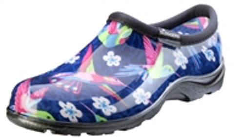 Slip into waterproof comfort with our Hummingbird Blue/Pink print rain and garden shoe. Features our "All-Day Comfort" insoles for maximum comfort and our signature deep-lug tread for great traction. Easy on and easy to clean up. You'll soon know why Sloggers are America's #1 Backdoor Shoe.  Note: prints may vary slightly from shoe to shoe.  Women's 6 -11. Proudly Made in the USA.