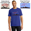 Shown on royal blue shirt with red, black and white design.