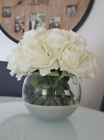 Luxury Real Touch Cream Roses in Silver Bowl