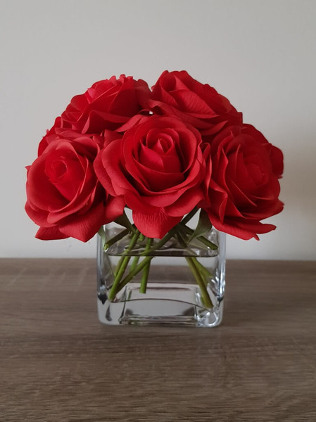 Red Real Touch Roses in square vase 8x8